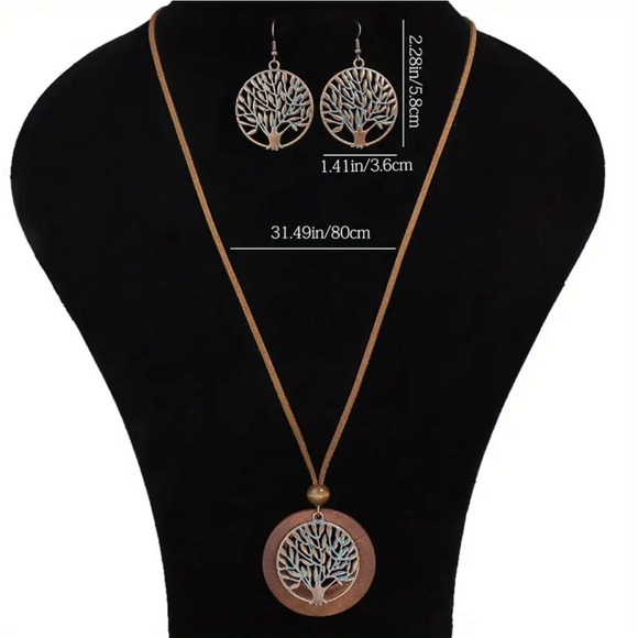 924 ❤️ Tree of Life Boho Wooden Necklace & Earrings Jewelry Bohemian Set - Picture 7 of 7